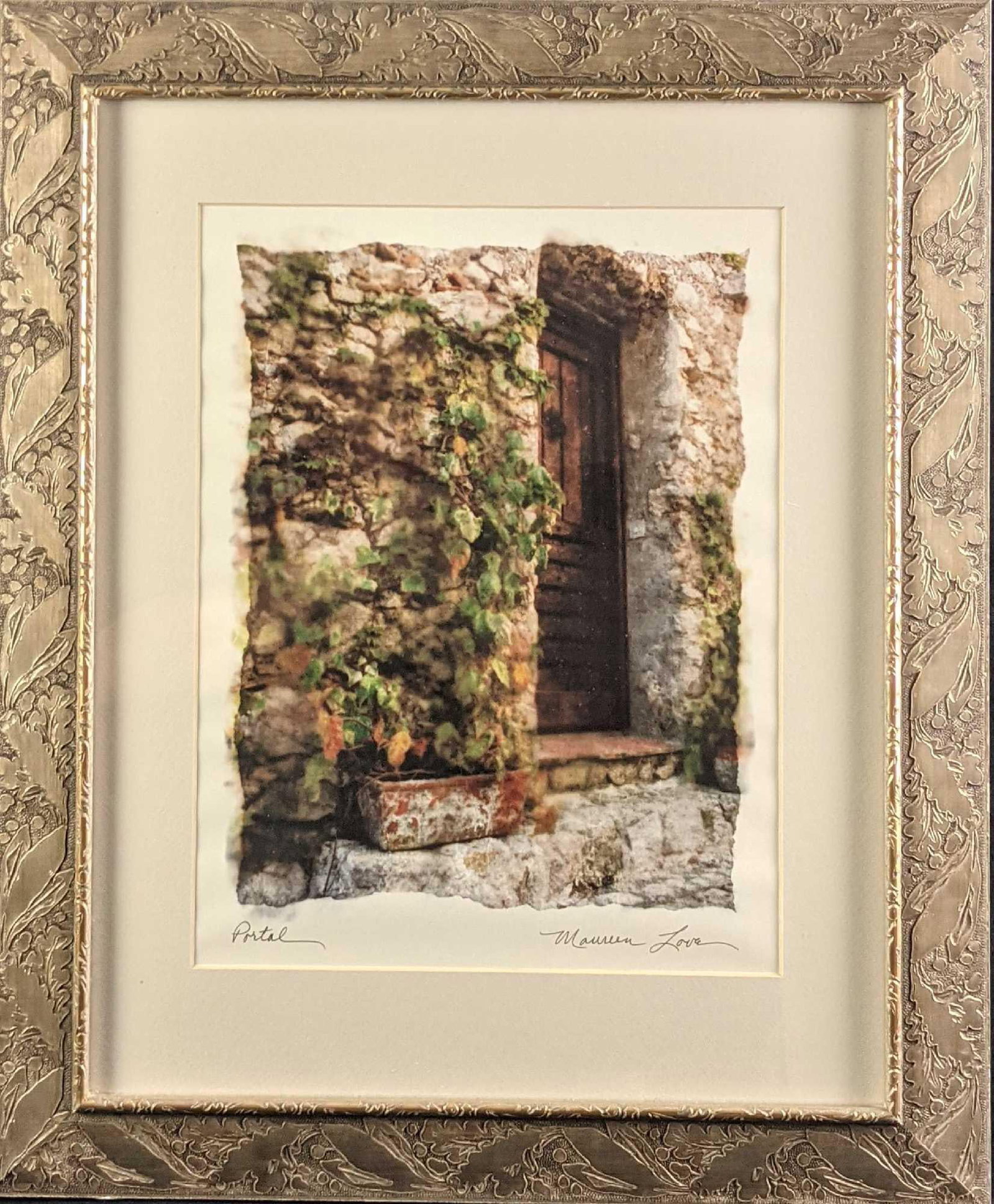 Maureen Love Photo Fint Art Print Portal: Maureen Love Fine Art Photo Print Of "Portal". This shows a door in a stone house on a sunny day. The framed print is approx 19 1/2 x 1" x 23 3/4" and it weighs 5.5lbs. The print 