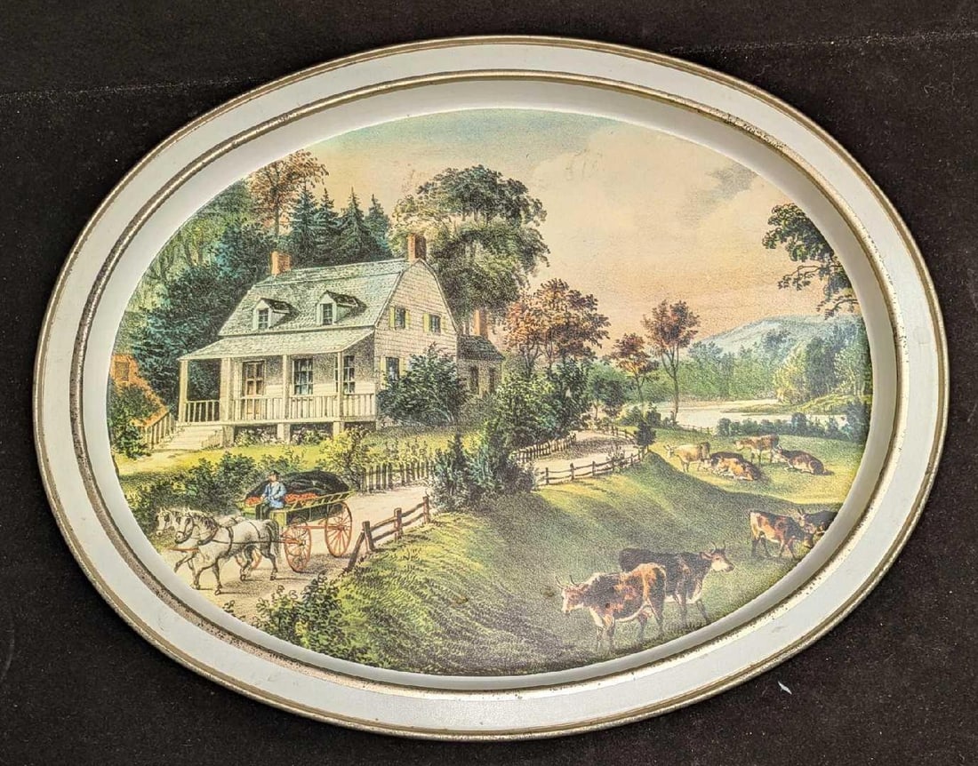 Currier & Ives American Homestead Summer Tin: Currier & Ives American Homestead Summer Tin. This is approx 14 1/2" x 11 1/2" x 3/4" and it weighs 0.60lb. There is some wear on the trim. Please see the images as they are part of the description.