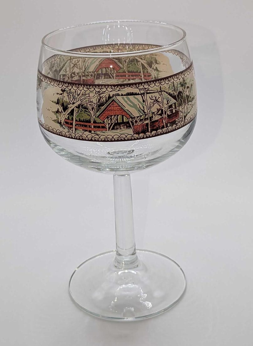 Covered Bridge Friendly Village Glassware Goblet: Covered Bridge Friendly Village Glassware Goblet. This retired series of fine china was released by the Johnson Brothers, from the year 1953 to the year 2003. This goblet is approx 4" x 4" x 6