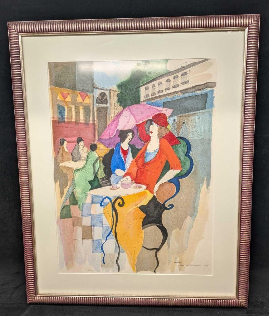 Framed Itzchak Tarkay S&N City Scene Print R42: Framed Itzchak Tarkay S&N City Scene Print R42. This serigraph print is #14 out of #350. The framed print is approx 23 3/4" x 1" x 29 3/4" and it weighs 7.60lbs. There is a small purple mark on the