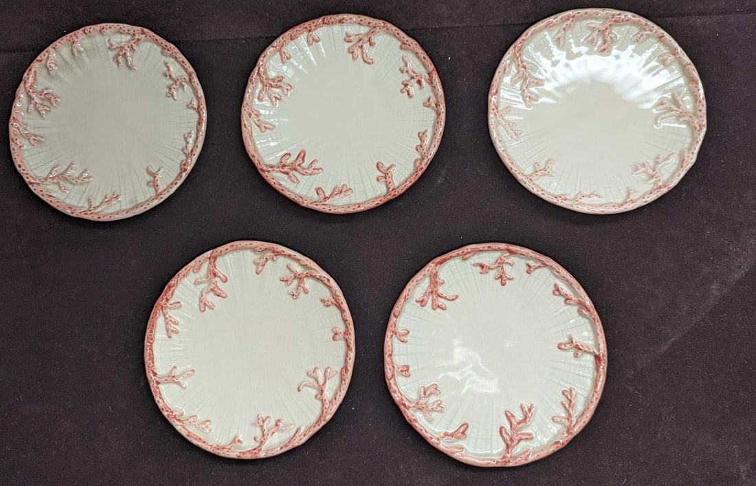 5 Retired Fitz & Floyd Oceana Saucers A K57: 5 Retired Fitz & Floyd Oceana Saucers A K57. Each plate is approximately 5 3/4" x 5 3/4" x 3/4" and the total weight is 2.21 lbs. The hand-painted saucers have some crazing.
