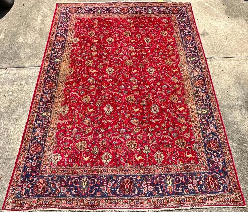 Vintage Persian Tabriz Animal Scene Rug: Vintage Handmade Persian Rug This Iranian-made Persian rug was made in the Tabriz style and likely in the city itself. This rug features animals like deer and birds, along with an ornate