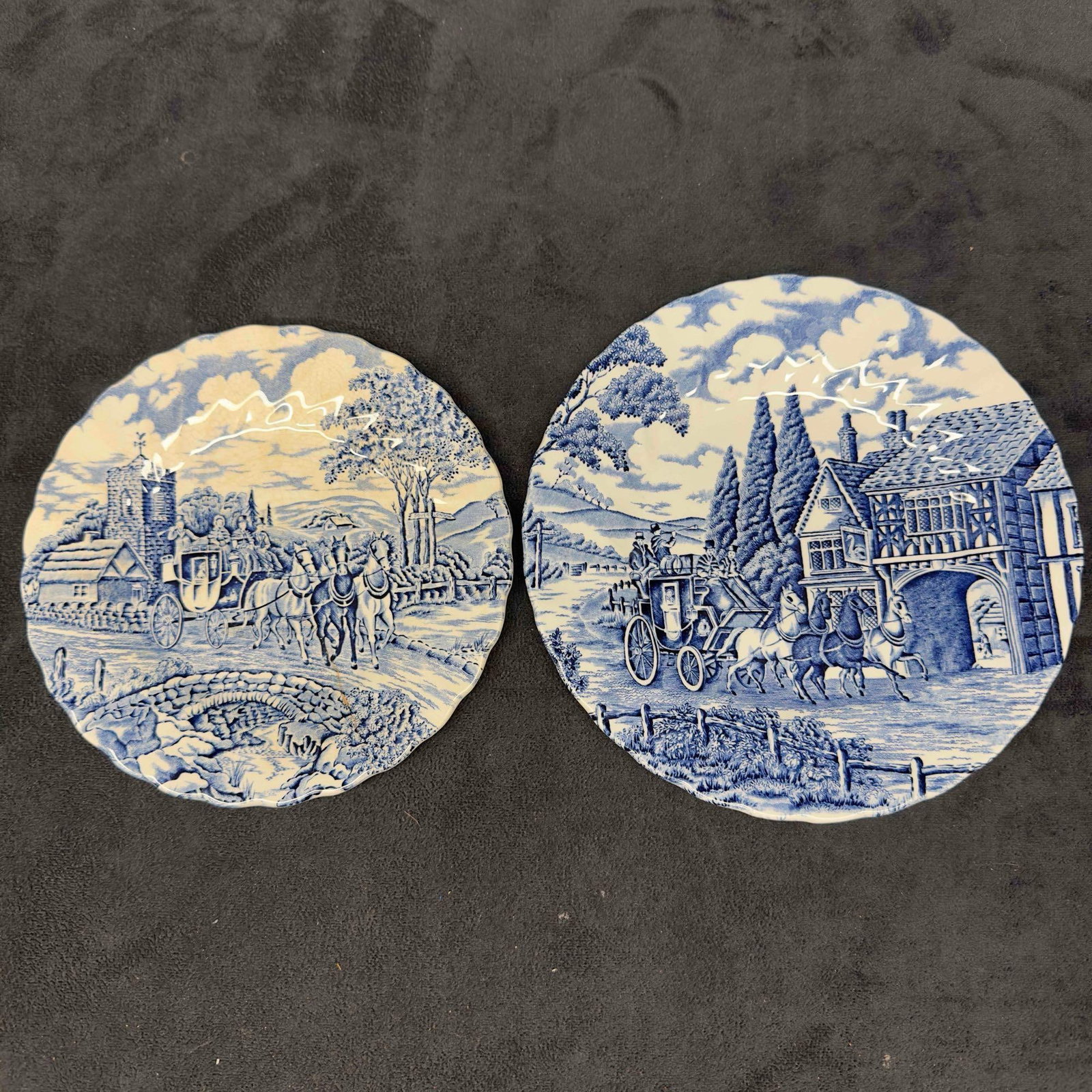 Myott Royal Mail England Blue Plate Set Staffordshire Ware Hand Engraving: Myott Royal Mail England Blue Plate Set Staffordshire Ware Hand Engraving. Includes two (2) different sized blue made in England plates. The smaller plate has a crack. These items are in good pre-owne
