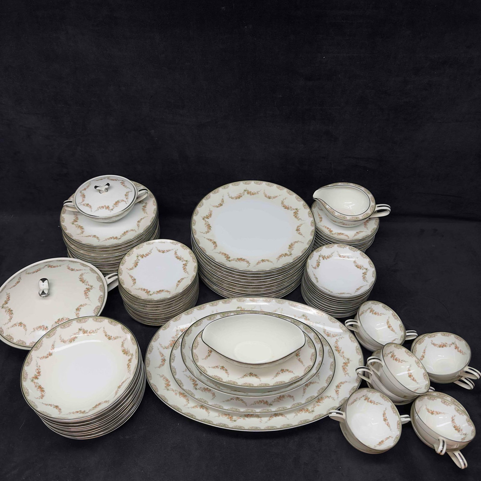 Noritake China Eighty Eight 88 Set Denise 5508 Plates Bowls Cups Gray Scrolls Brown Flower Swags: Vintage Noritake China Set Made in Japan Denise 5508 Design featuring Gray Scrolls, Brown Flower Swags. This set is a beautiful white with a floral design and platinum silver rim. This set i