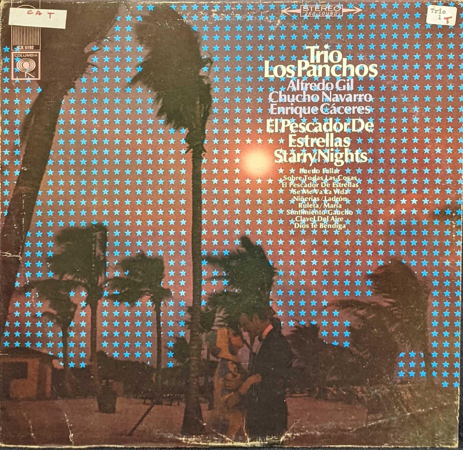 Trio Los Panchos Starry Nights LP Record: Trio Los Panchos (Alfredo Gil, Chucho Navarro, Enrique Cáceres) – El Pescador De Estrellas = Starry Nights. This was released by Columbia in 1967 (Germany). This is approx 12 1/2" x 12 1/4"