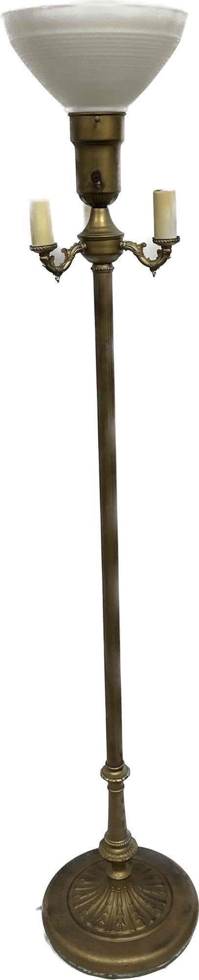 Vintage Brass Mogul 4 Light Floor Lamp With Milk Glass Shade: This lot contains a Vintage Brass Mogul 4 Light Floor Lamp With Milk Glass Shade. It is approx 11 1/2" x 11 1/2" x 59 3/4". Total weight is approx 15lbs. Overall the Vintage Brass Floor Lamp is i