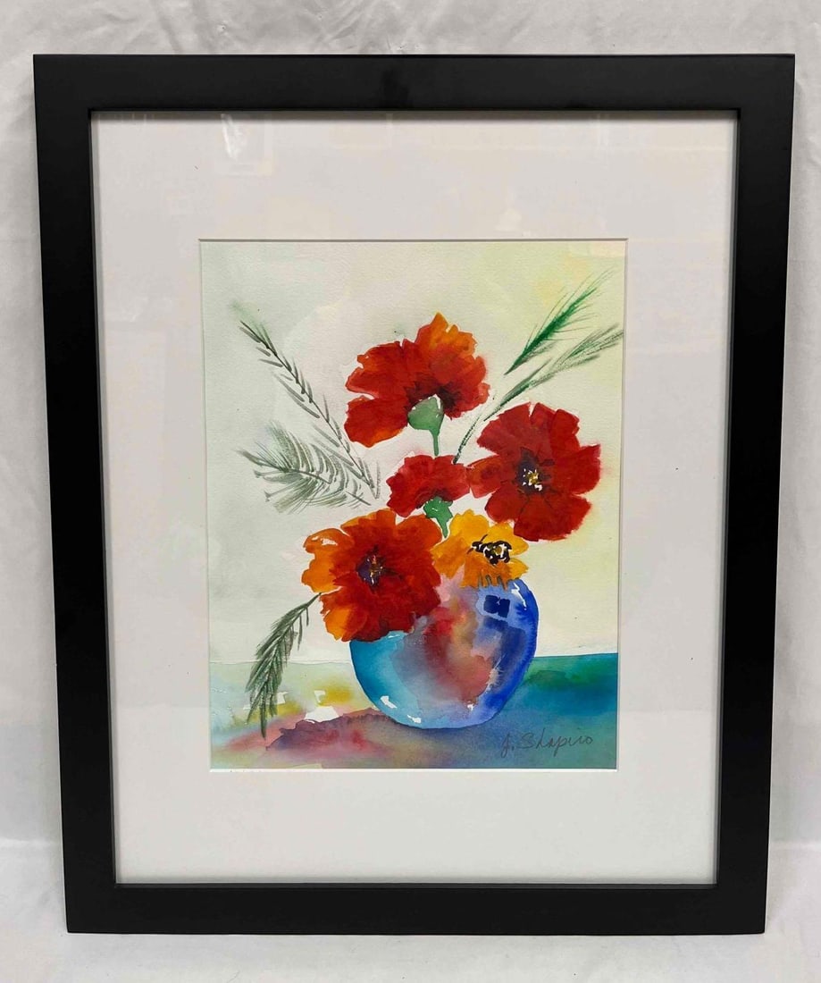 Framed Original Watercolor Flower Still Life By J. Shapiro: This lot contains a Framed Original Watercolor Flower Still Life By J. Shapiro. It is approx 22" x 18 1/4". Total weight is approx 5.3lbs. Overall the artwork itself is in good used condition as 