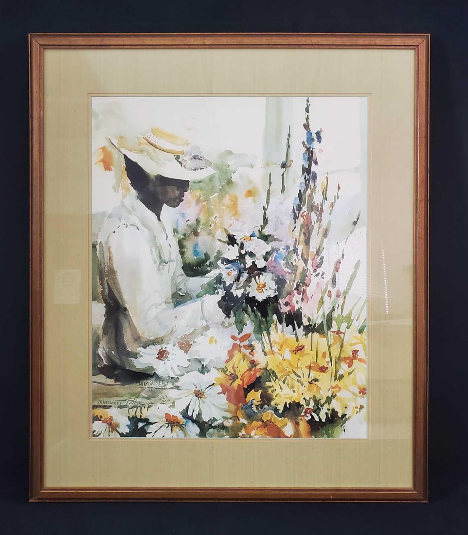 Magaret Petterson Limited Edition Watercolor Print: This limited edition watercolor print by Magaret Peterson (American b.1948) is signed and numbered 240/1000 in pencil on the bottom right. Coa is not included. Double matted in beige with a copper col