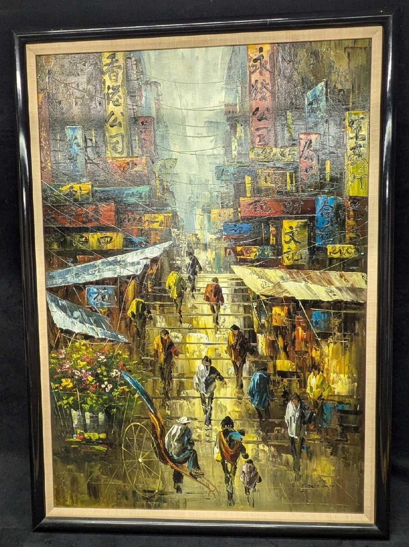 Framed Original Oil On Panel Busy Street Scene R34: Framed Original Oil On Panel Busy Street Scene R34. This is approx 28" x 1" x 39" and it weighs 4.40lbs. The frame has some wear and markings. The artist's signature is too faded to read.