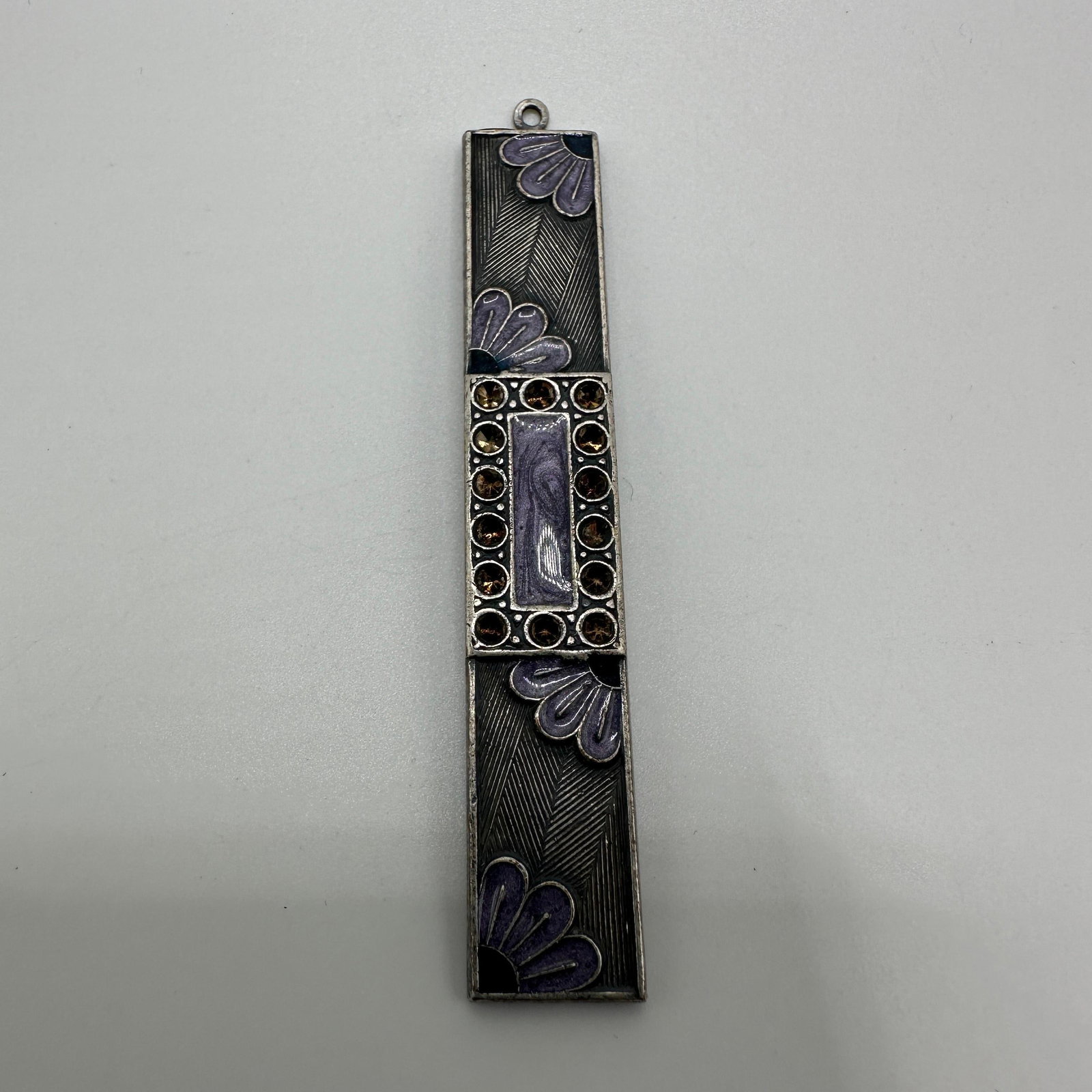 Rhinestone and Enamel Accent Purple Floral Silver Pendant R10: This item is in good pre-owned, previously used/displayed condition with noticeable light wear and surface scratches. Please reference all photos for full details. This piece of jewelry has been teste