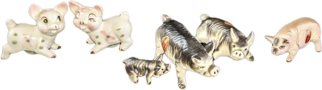 Six Vintage Fine China Piggies Figurines & Salt & Pepper