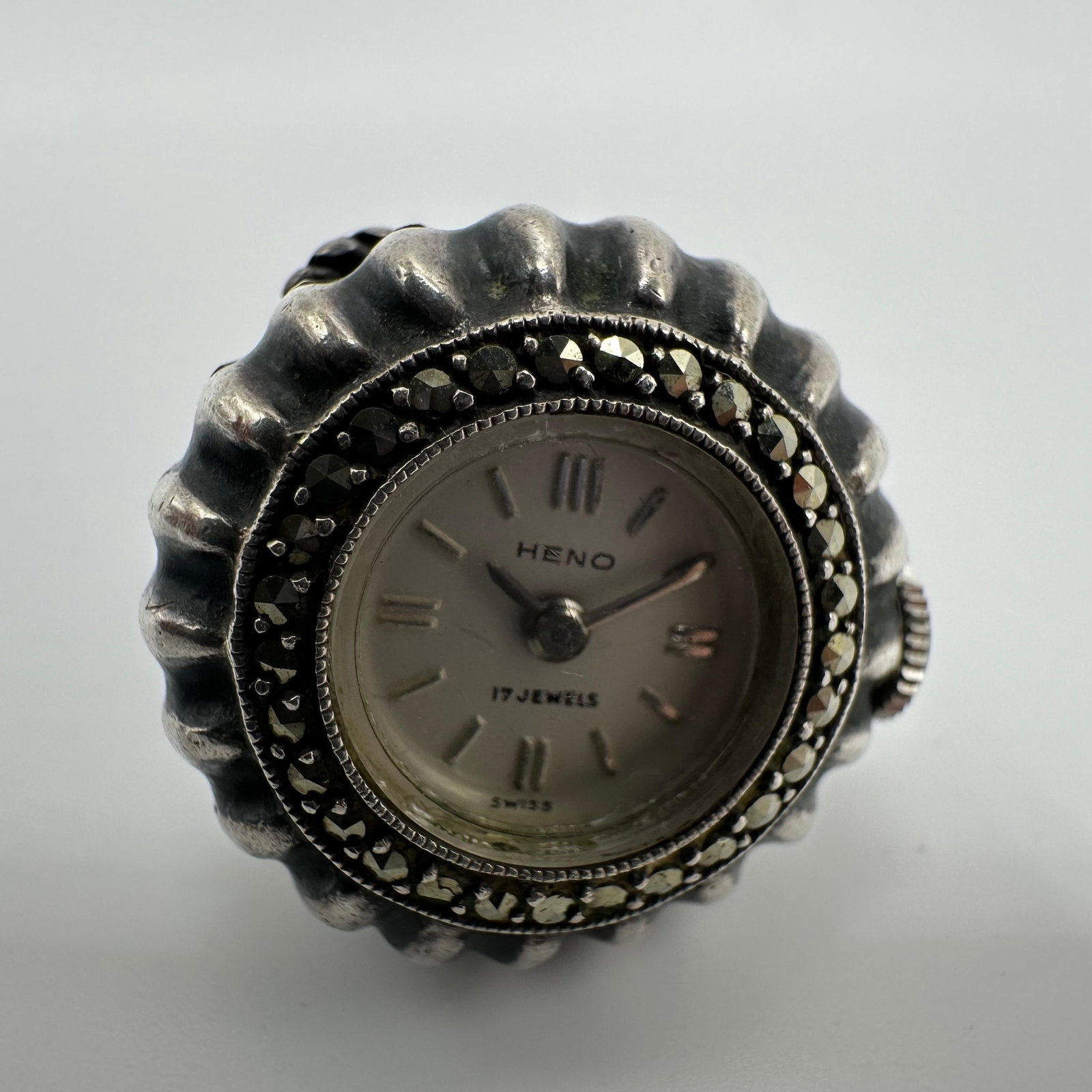 Heno 17 Jewels Marcasite Swiss-made Watch Silver Mid Century Cocktail Style: This item is in good pre-owned, previously used/displayed condition with noticeable light wear and surface scratches. Please reference all photos for full details. This piece of jewelry has been teste
