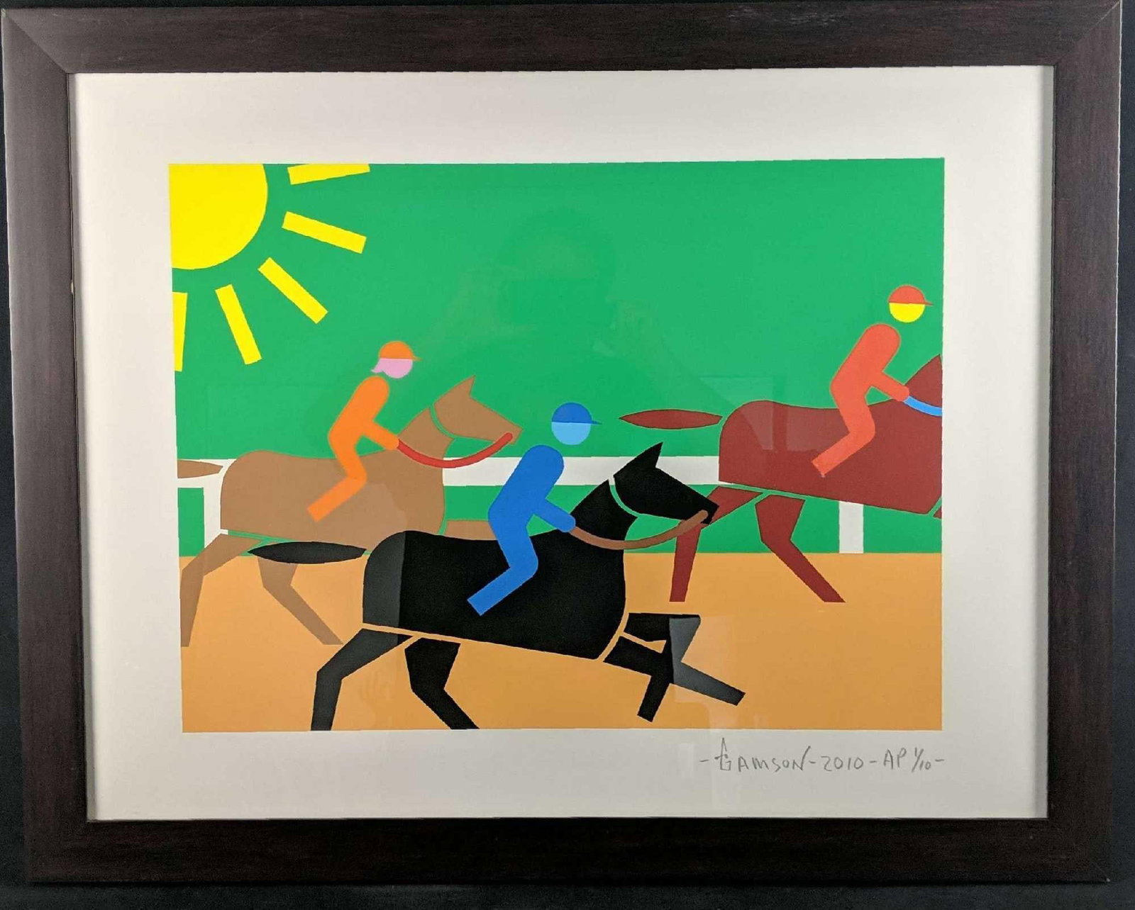 Stephen Gamson Framed Signed AP Print XI: Limited Edition print by Stephen Gamson. This shows jockeys on horses during a rather sunny day. All done in Stephen Gamson's unique style. This is an AP #1 out of #10. Framed art i