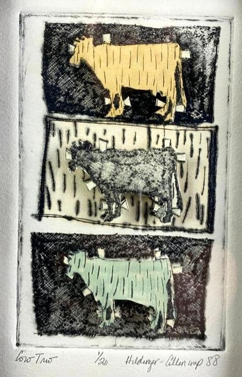 Cow Trio Framed Print D81: Cow Trio Framed Print Cow Trio by Florida artist Deborah Hildinger, professionally framed and matted. The print is signed and dated 1988, as well as numbered 1 of 20. Features three cows, of dif