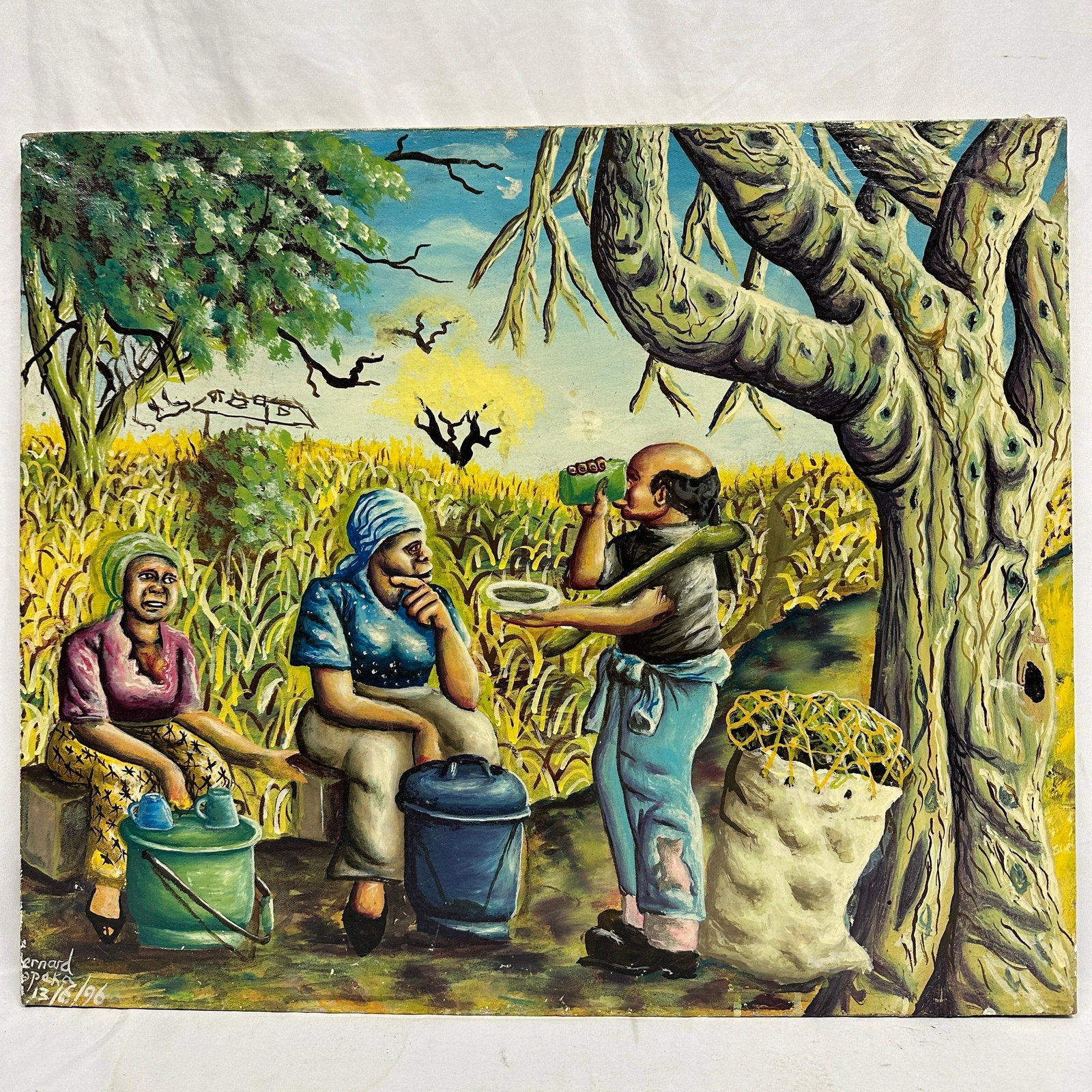 Botswana Village Scene Acrylic Painting Nshima Fields 1996: Original acrylic on homemade canvas painting depicting a Botswana village scene with figures gathered in nshima fields. Signed lower left “Bernard Speka” and dated 1996. Verso inscribed &#