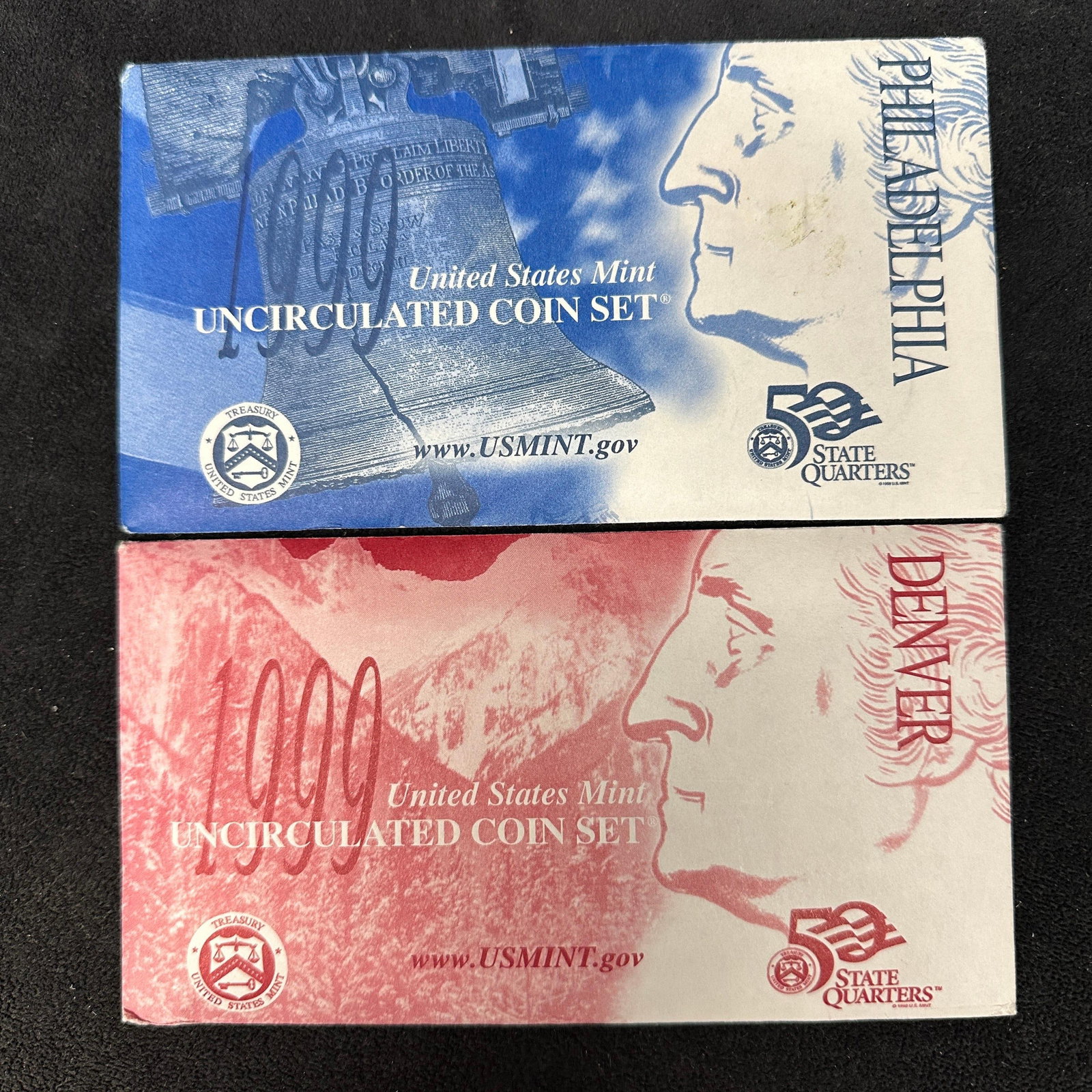 1999 United States Mint Uncirculated Coin Set P And D State Quarters Set: Complete 1999 U.S. Mint Uncirculated Coin Set, including both Philadelphia and Denver mint issues. Includes original envelopes and inserts. Features the first year of the State Quarters program along 