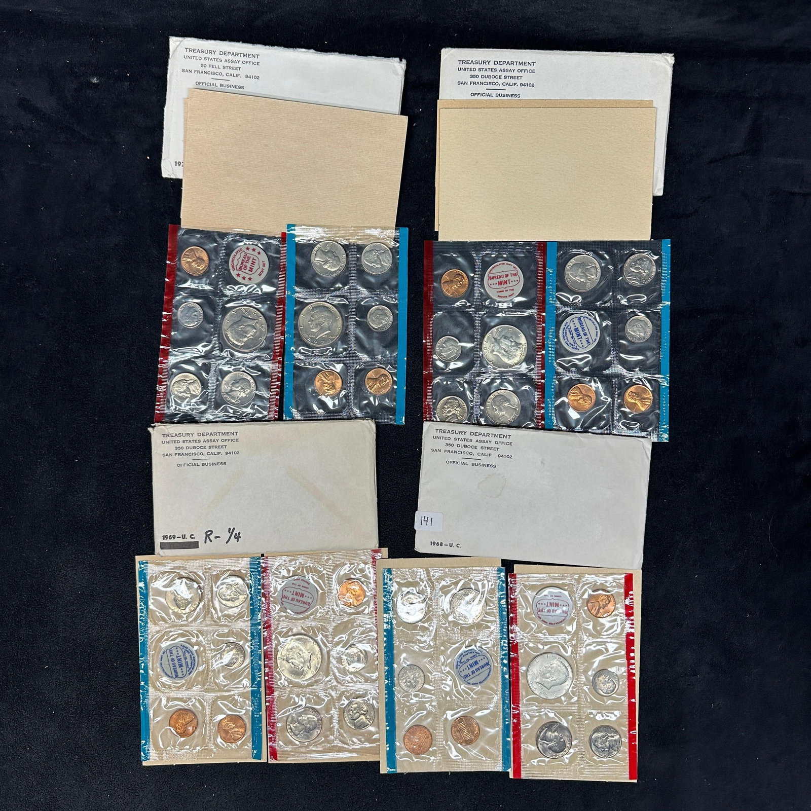 1968 to 1971 United States Mint Uncirculated Coin Sets Four: Group lot of 1968 to 1971 U.S. Mint Uncirculated Coin Sets, including original Treasury envelopes. Each set contains Philadelphia, Denver, and San Francisco issues in original sealed cellophane p