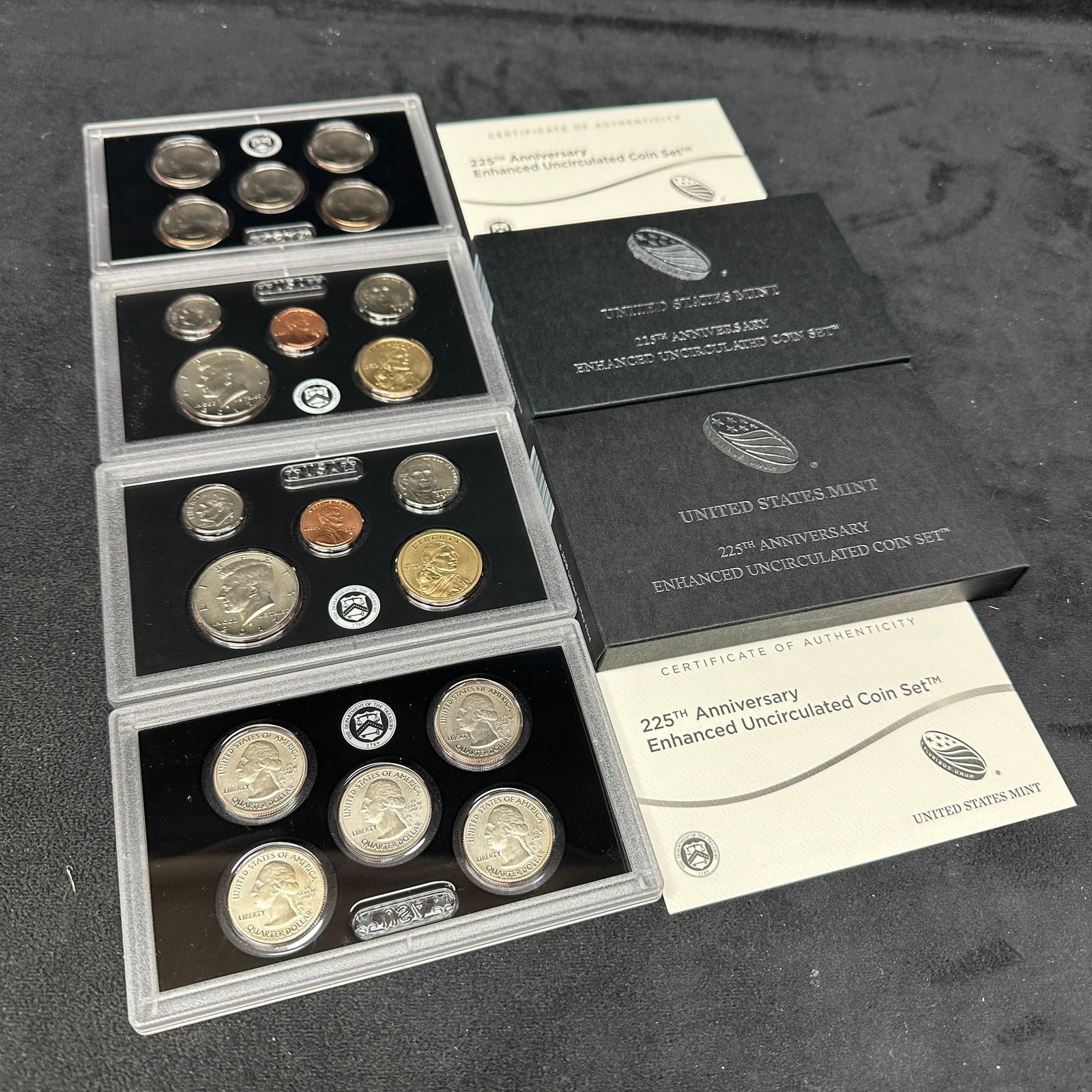 2017 United States Mint 225th Anniversary Enhanced Uncirculated Coin Sets Group: Group of two 2017 U.S. Mint 225th Anniversary Enhanced Uncirculated Coin Sets. Each set includes enhanced finish coins from multiple U.S. Mint facilities, housed in original government packaging 