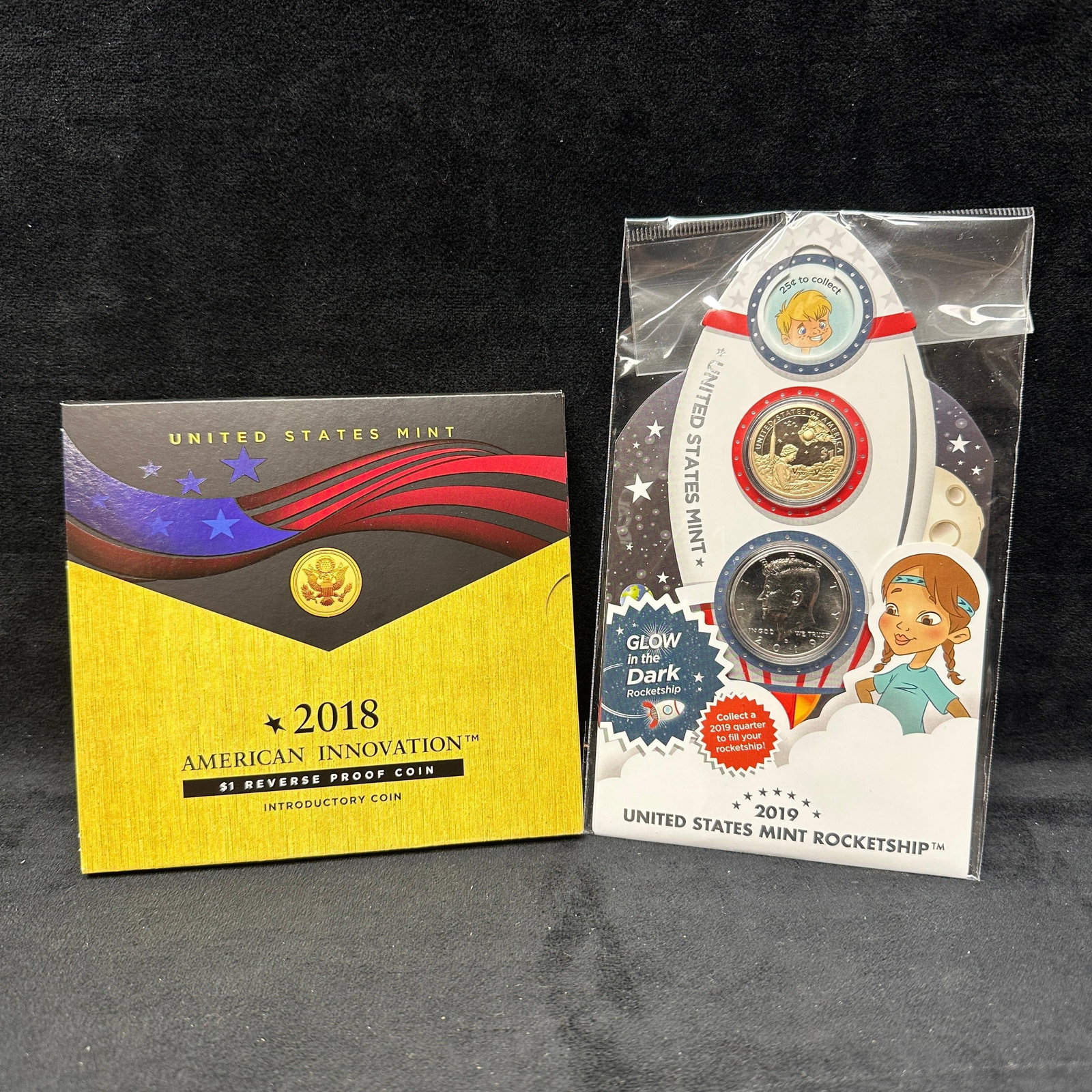 2018 American Innovation Reverse Proof Dollar And 2019 US Mint Rocketship Coin Set: Group includes a 2018 United States Mint American Innovation $1 reverse proof introductory coin in original government packaging with certificate, honoring the District of Columbia. Also included is a