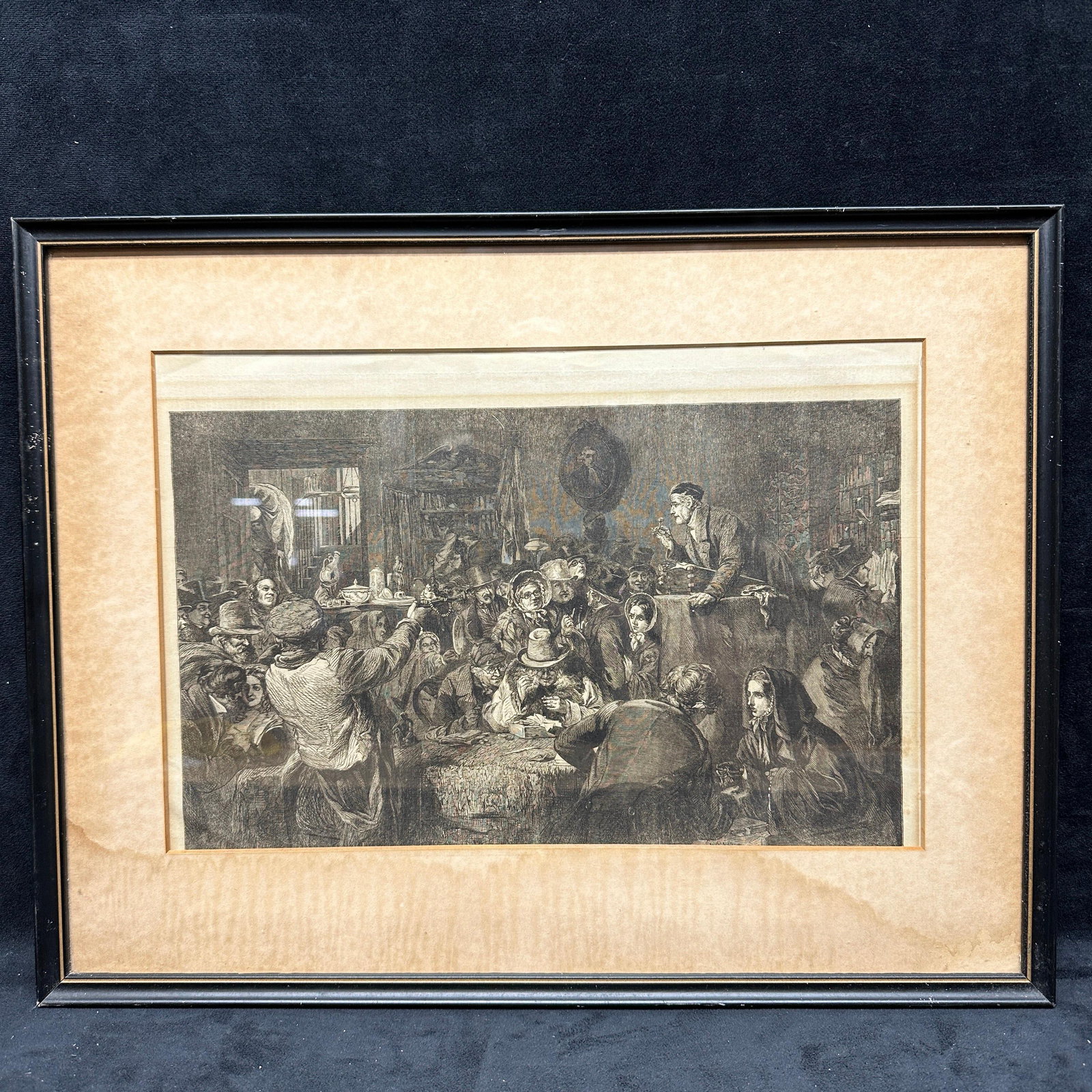 Framed 19th Century Style Last Day of the Sale Engraving Print: Black and white engraving print depicting a crowded 19th-century bustling estate auction/sale scene with numerous figures in period dress. Appears to be an after-work in the manner of George Bernard O