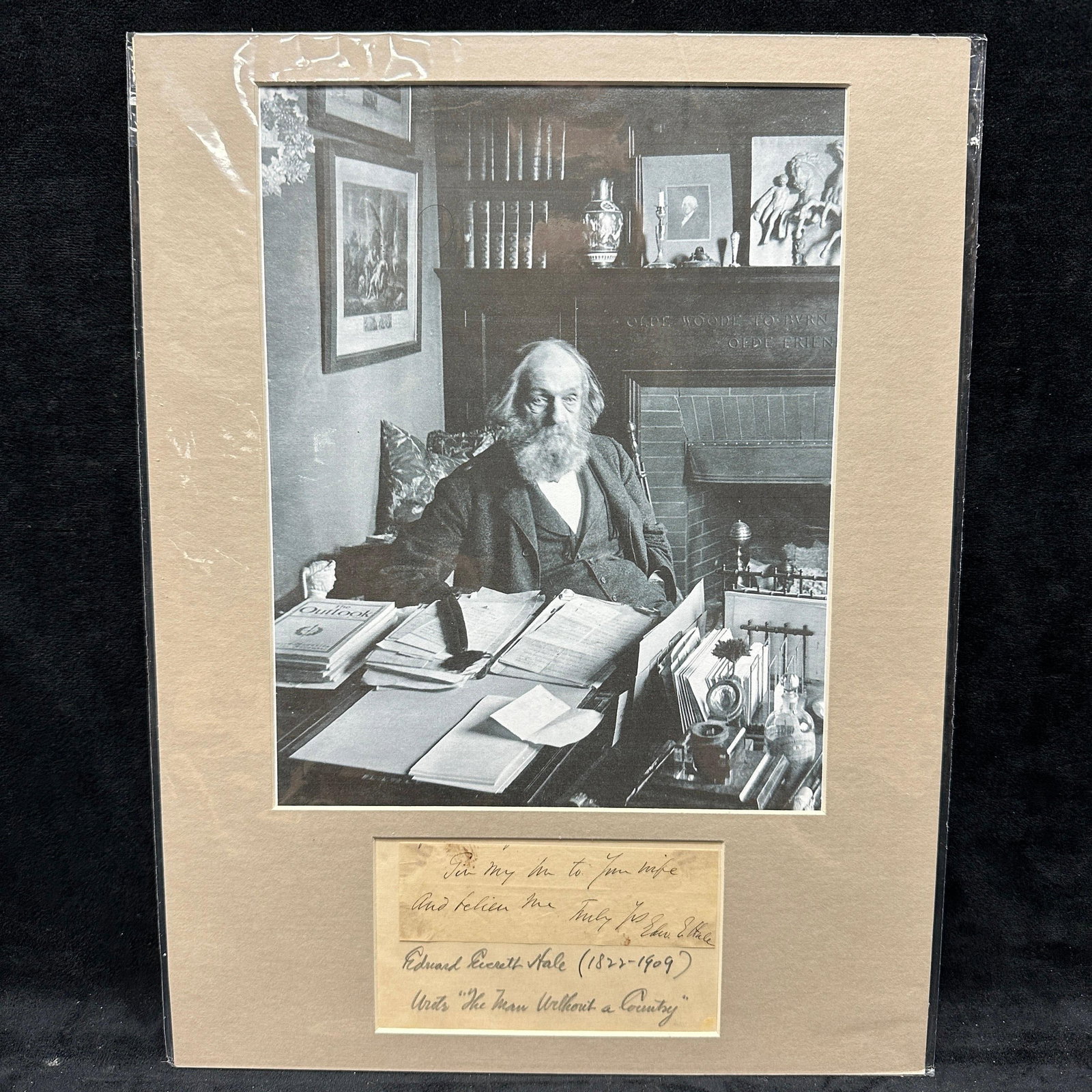 Edward Everett Hale Cut Signature Framed With Photograph And COA: Framed display featuring a cut signature of Edward Everett Hale (1822–1909), American author and historian best known for “The Man Without a Country.” Signature appears clipped from 