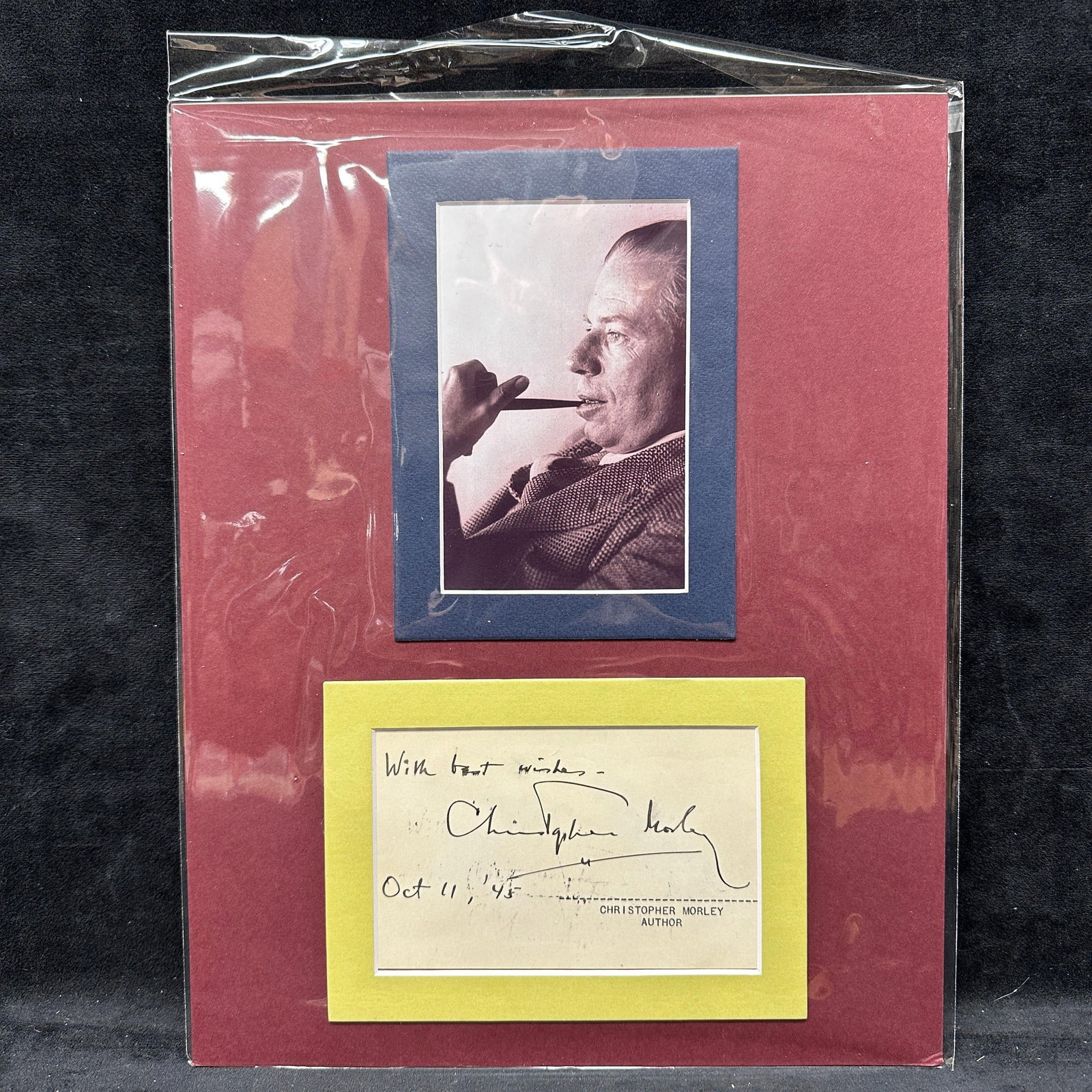 Christopher Morley Signed Autograph Card With Photo Display: Autograph card signed with best wishes – Christopher Morley and dated Oct 11, 1945. Morley was an American author, journalist, and essayist known for works such as Parnassus on Wheels and Kitty 