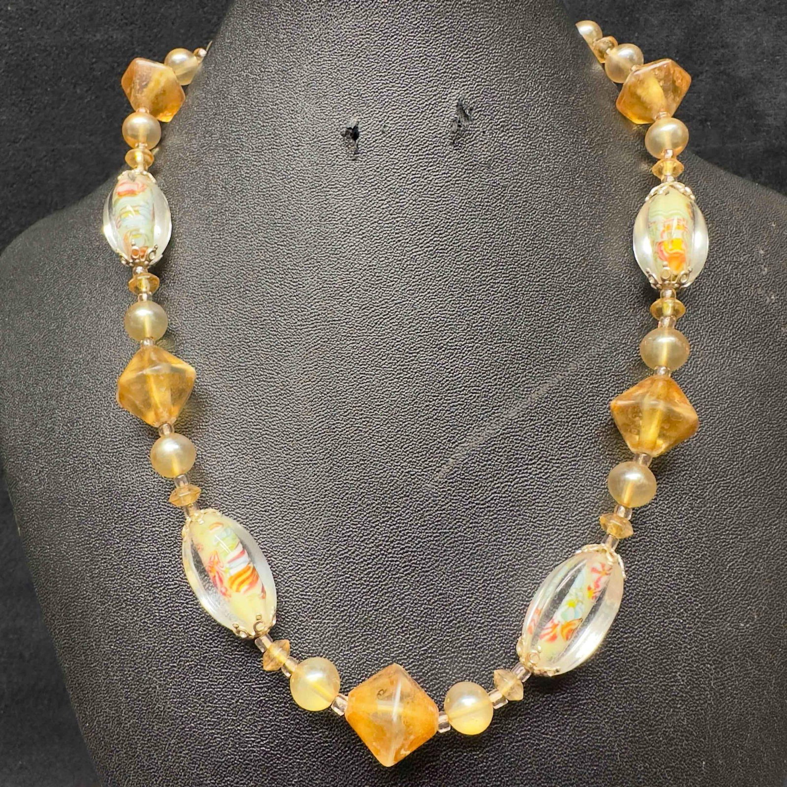 Murano Venetian Lamp Work Art Glass Clear Tan Multi Colored Beaded Necklace F96 (1 of 8)