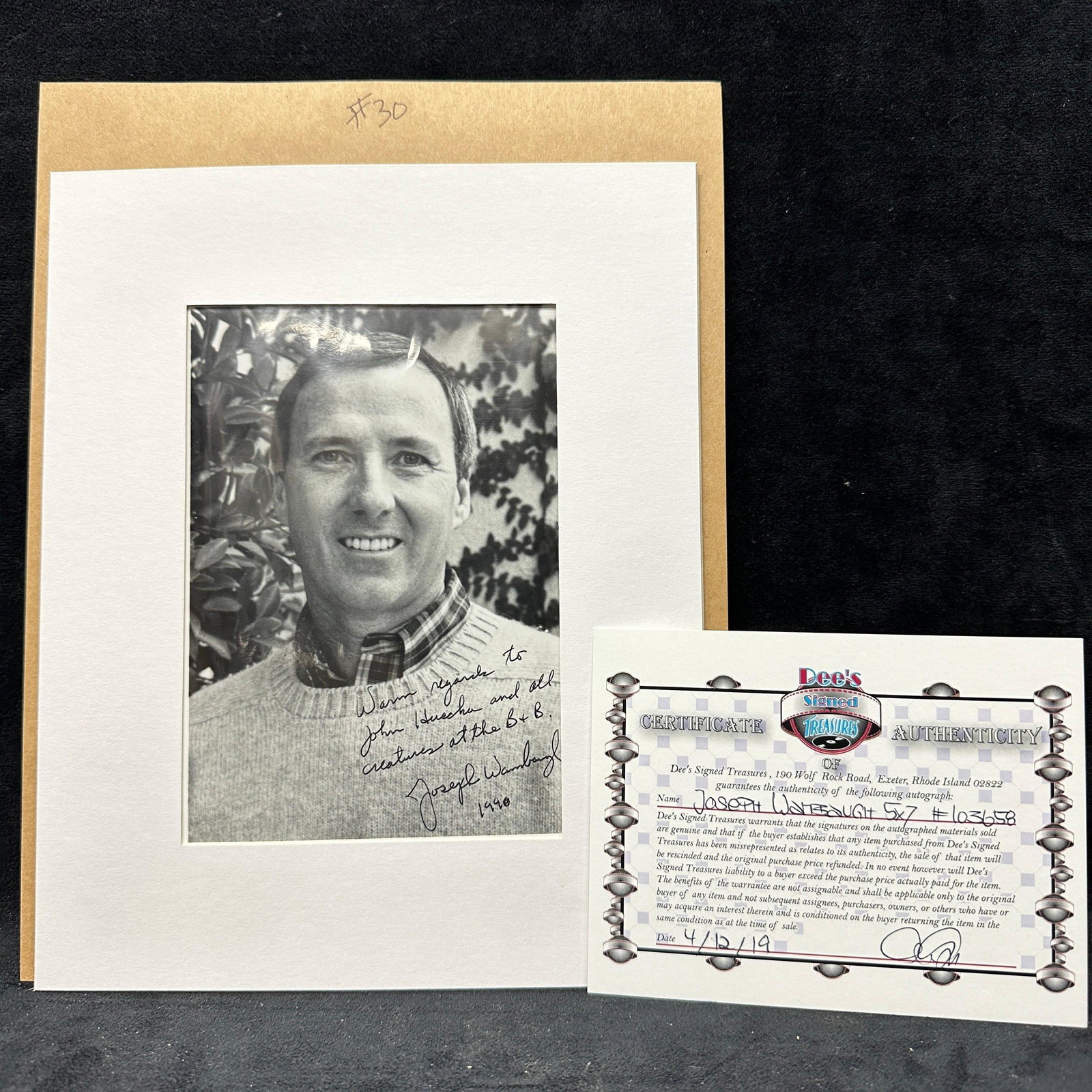 Joseph Wambaugh Author Signed Photo: Includes a COA. Mild handling wear is present. Mild wear from handling and storage. Pre-owned, overall good condition with light surface wear to the signature and photo display. Please reference all p