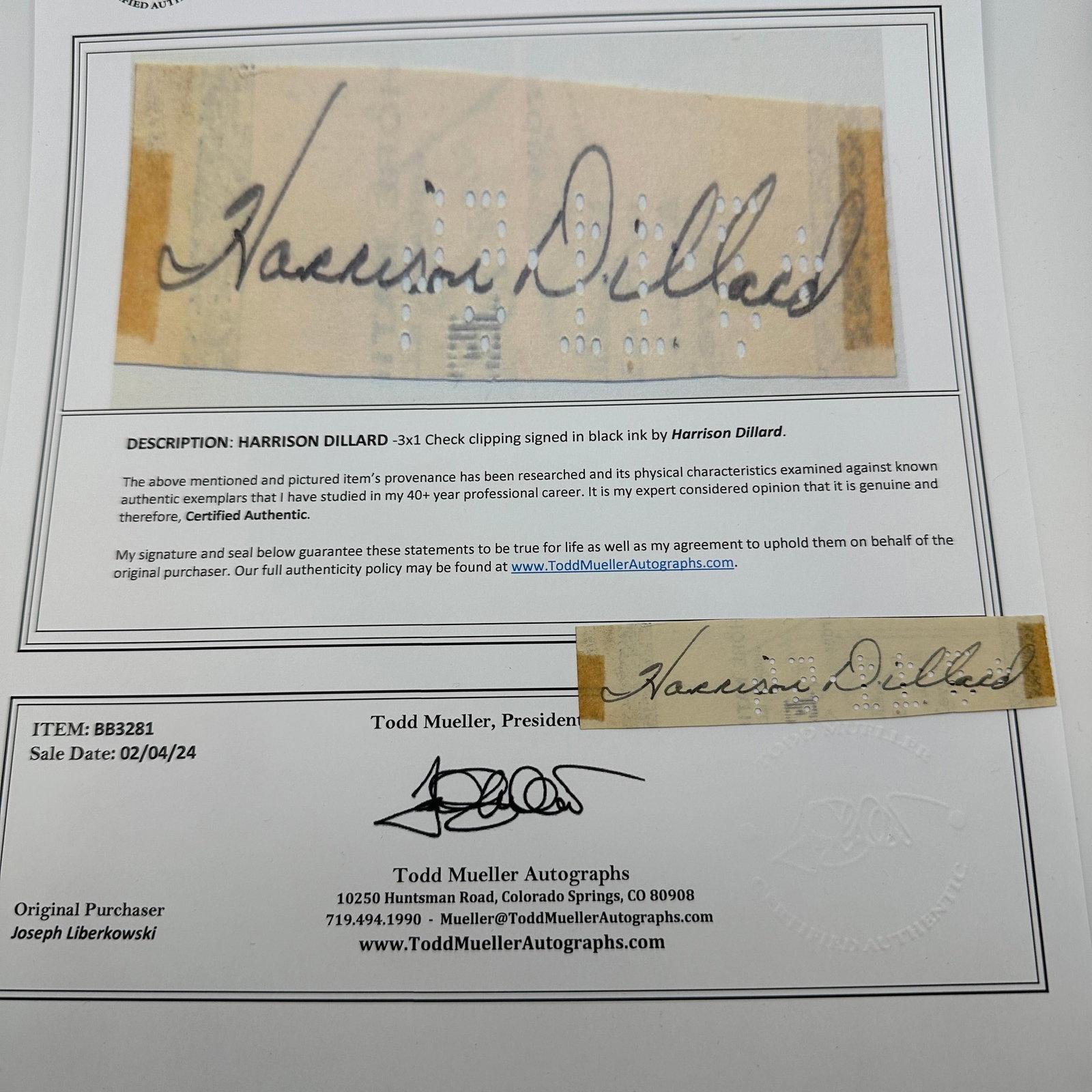 Harrison Dillard Signed Check Clipping With COA - 3