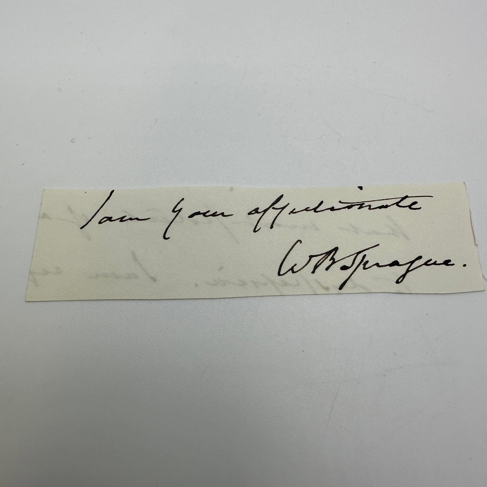 William Buell Sprague Clipped US Declaration Independence Signature: United States Declaration of Independence clipped signature. No COA. Light handling wear to the clipped piece of paper. Overall condition shows light toning and handling wear consistent with