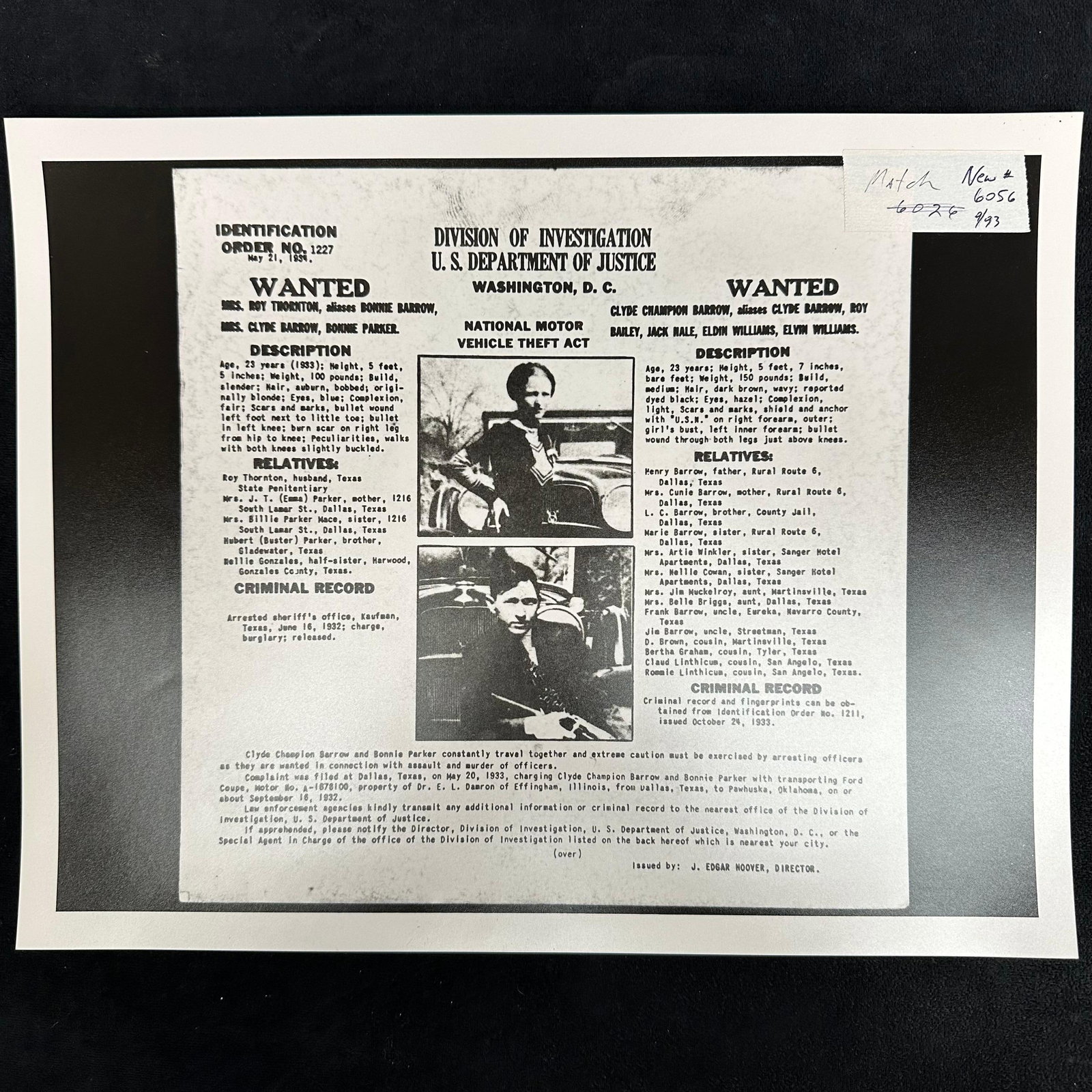 Black and White Analog Photo Print Bonnie and Clyde Wanted Poster U.S. DOJ Division of Investigation (1 of 6)