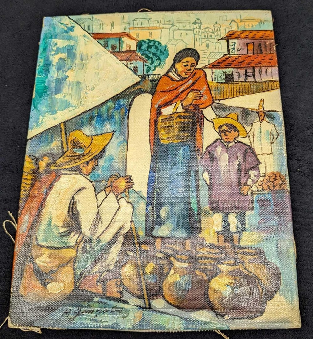 Vintage Original Acrylic On Canvas P Gonzales Village