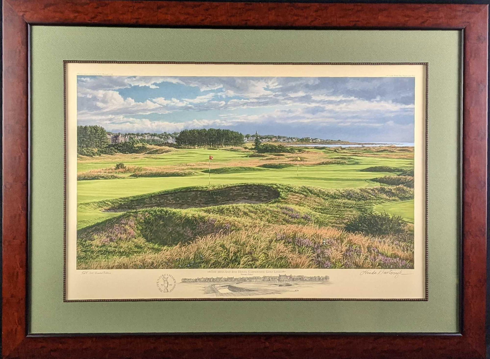 Framed Linda Hartough LE Litho British Open Championship: "The 14th and 4th Holes, Camoustie Golf Links". Lithograph Signed And Numbered By Linda Hartough. The print is number #528 out of #850. The framed print is approx 38" x 1" x 28" an