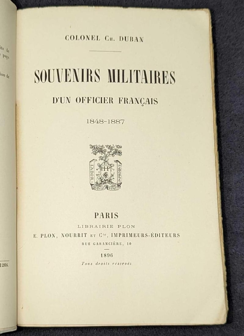 1896 Souvenirs Officier Francais 1848-1887 Softcover: 1896 Souvenirs Officier Francais 1848-1887 Softcover. This was published by Librairie Plon (Paris) in 1896. This softcover is approx 4 3/4" x 1" x 7 3/8" and it weighs 0.86lb. The covers h
