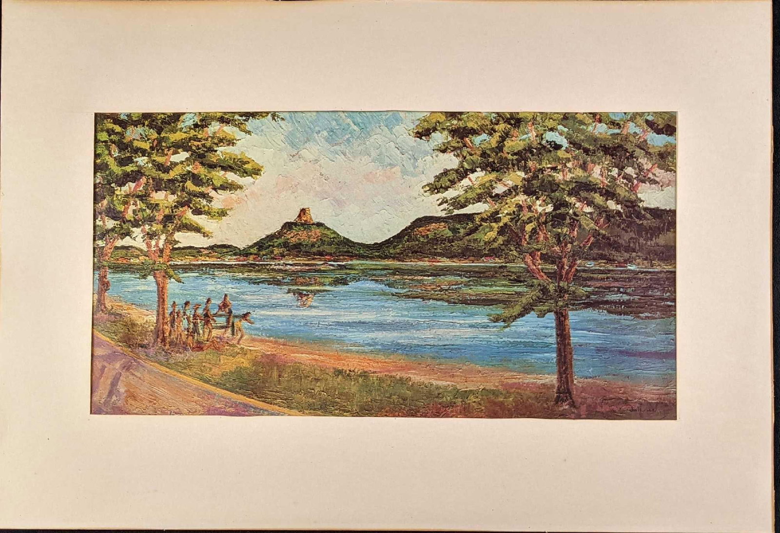 Vintage Matted Print People By The Lake: Vintage Matted Print People By The Lake. The printed signature is on the bottom right. Shows a group of people by a lake. The matted print is approx 23" x 16" and it weighs under one pound at 0.07lb. 