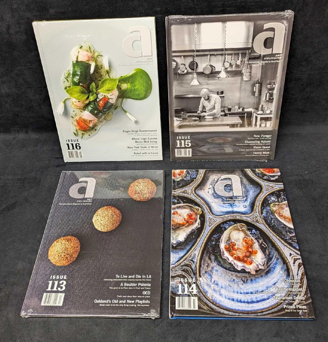 Art Culinaire Hardcover Magazines 113-116: Art Culinaire Hardcover Magazines 113-116. This lot includes four sealed hardcover magazines. Each is approx 9 3/4" x 1/4" x 12 7/8" and the total weight is 7.80lbs. There is some wear on the wrapping