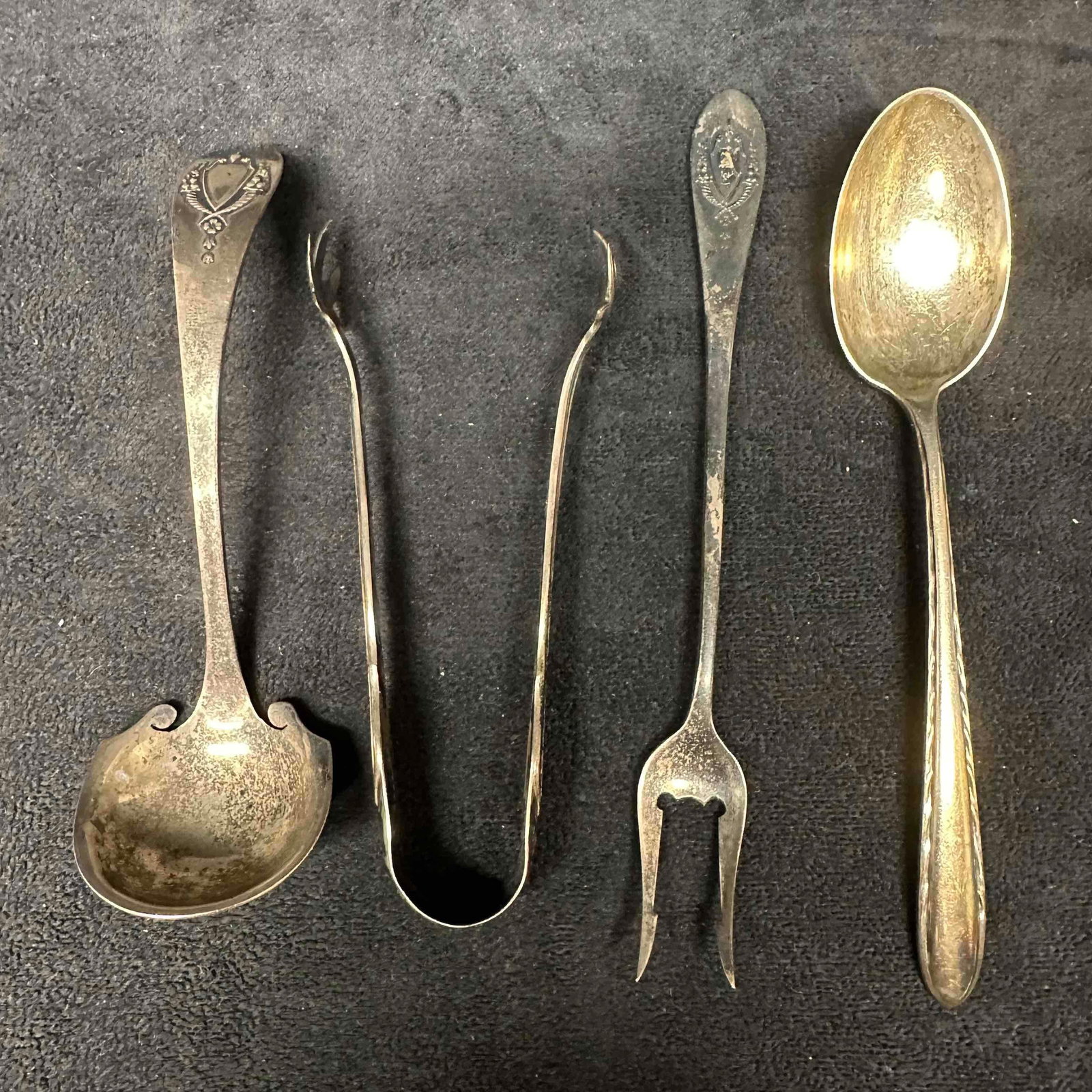 Vintage Sterling Silverware Utensils Tongs Spoon Cocktail Fork Set H18: Each silverware piece has a unique design along the handle, various patterns. Each piece has a hallmark and Sterling engraved marking on the back of the silverware. 4 four piece silverw
