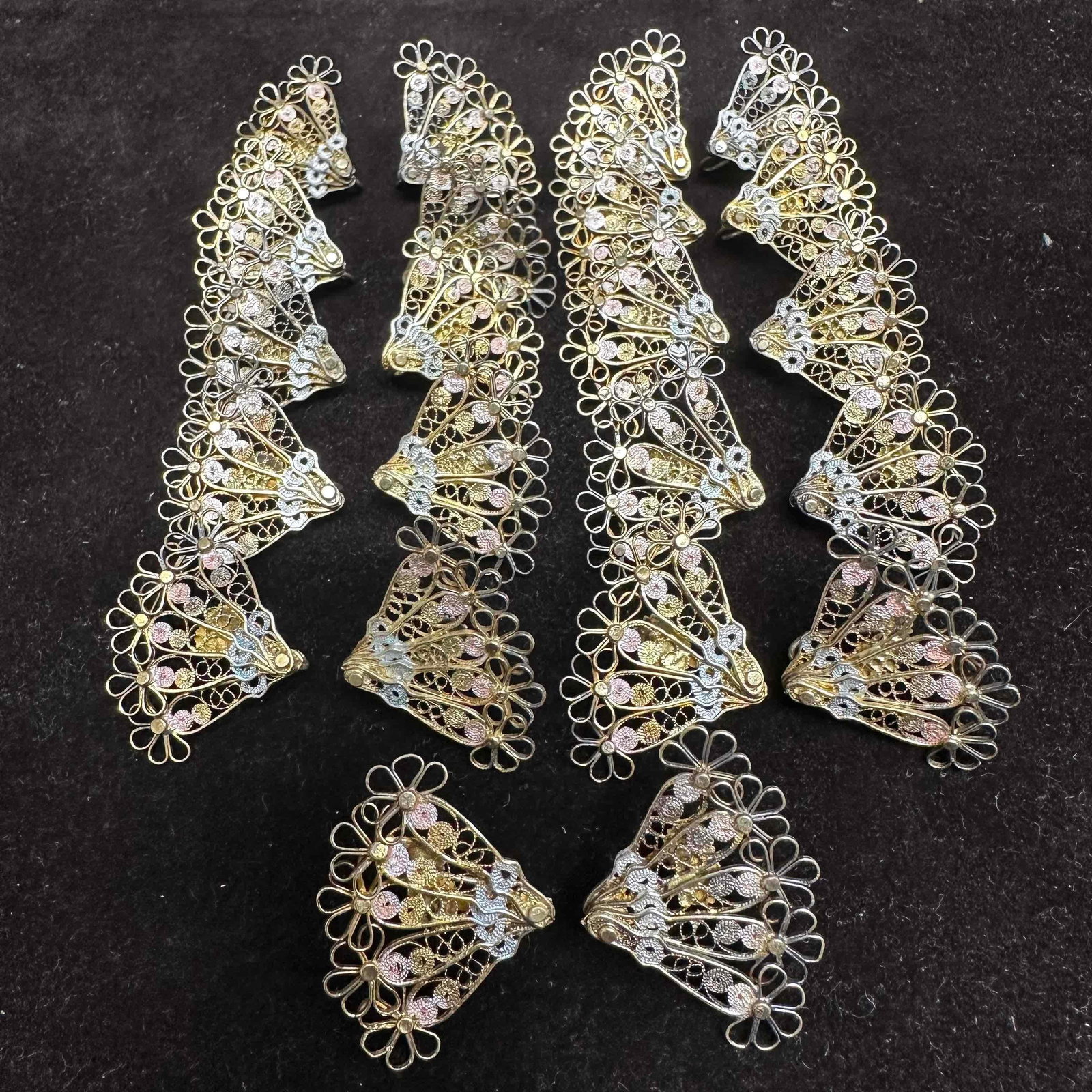 835 Silver Filigree Cannetille Fan Floral Earrings Set Eleven Earring Pairs: This item is in good pre-owned, previously used/displayed condition with noticeable light wear, and surface scratches. Please reference all photos for full details. This piece of jewelry has been test