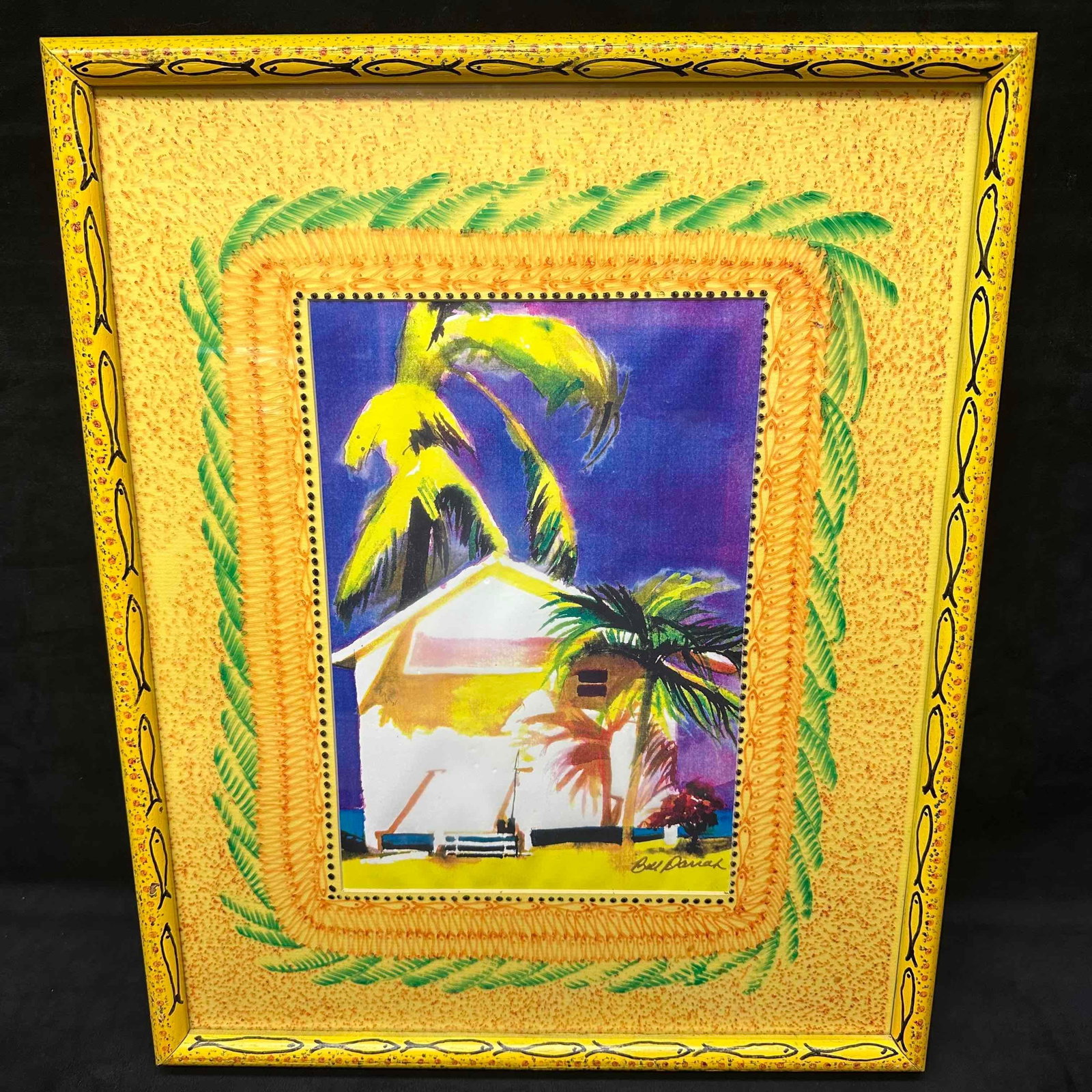 Tropical Palm Tree Place by The Water Print Painted Frame Bill Darrah Litho Mixed Media: Mixed media of acrylic and lithography. The glass and yellow frame showcase an artistic theme. This item is in good pre-owned, previously displayed condition with light wear, and surface scratches. Pl
