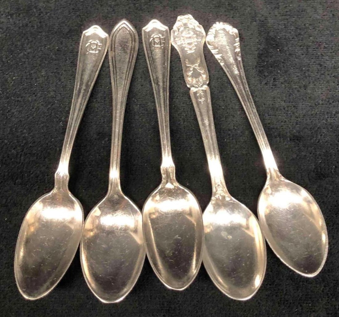 Six Hotel Silver Plated Souvenir Tea Spoons: This lot contains a Six Hotel Souvenir Tea Spoons Mix Of Silver & Silver Plated. Each spoon 4 1/4" x 3/4" and altogether they weigh about 0.1lbs. Overall the Mix Of Silver &