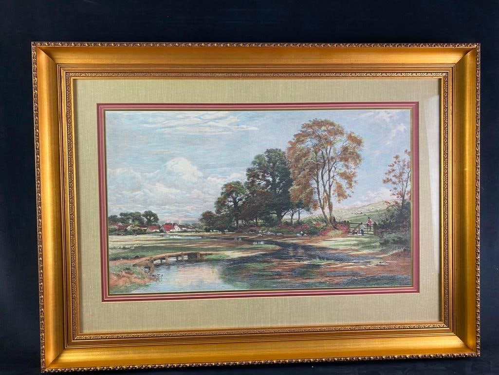 Hand Colored Print Farm JB: Hand Colored Print Farm JB Print of a farm, appears to be hand colored. May be etching or aquatint, however any information that may be on the paper is covered by the matting. In good condition, with