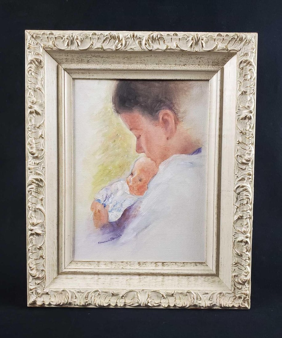 Original Framed Watercolor Mother And Baby: Original framed watercolor of a mother and her baby. Painted by an artist with the last name of Standish. Framed with a wooden classic style frame. Art is in good, used condition with a chip on the
