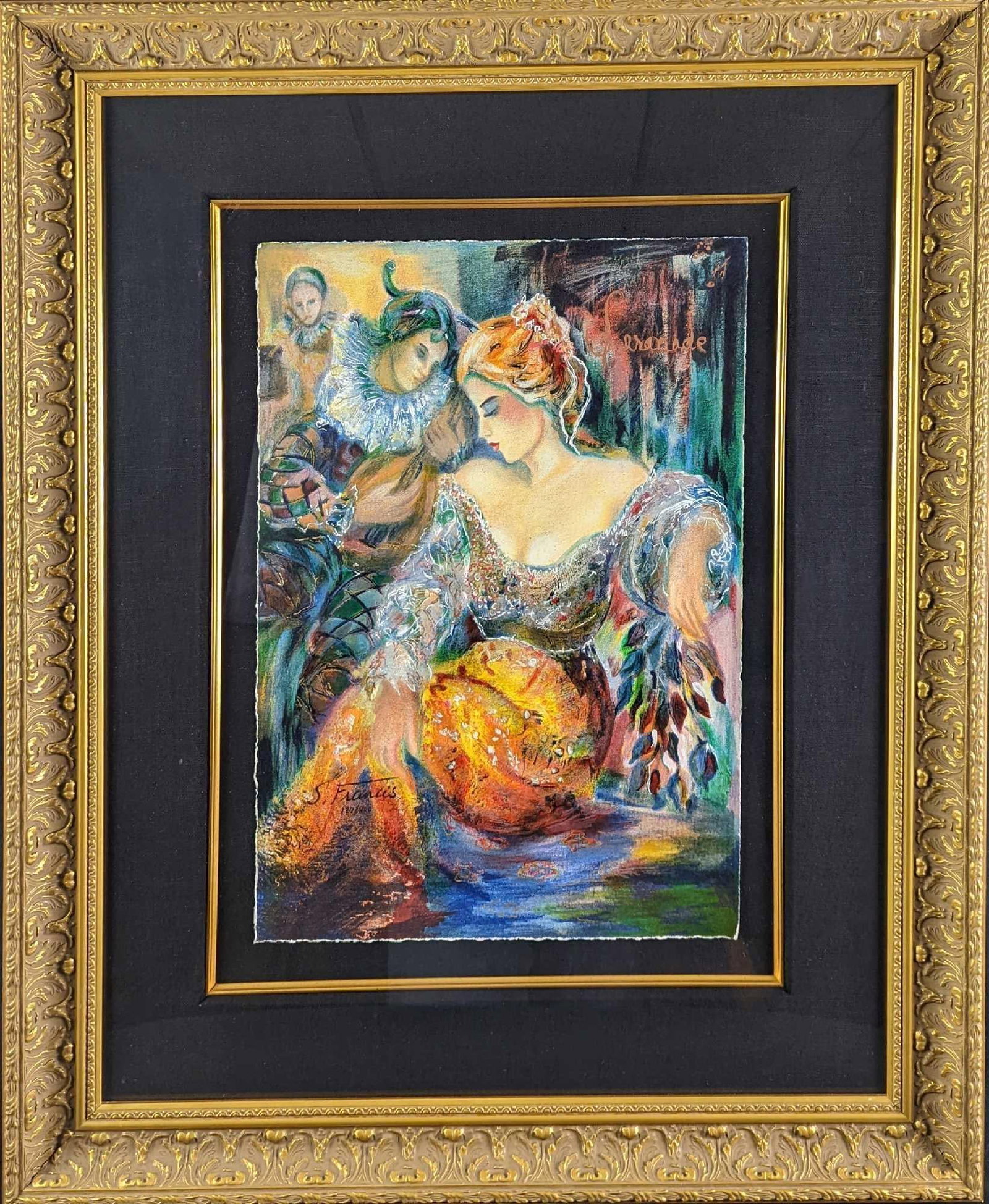 JB Framed LE Entertainers S. Francis Serigraph Print: Here is an limited edition serigraph print of a group of entertainers by artist S. Francis. This was signed and numbered by the artist. This one is #174 out of #400. The framed print is approx 26 1/4"