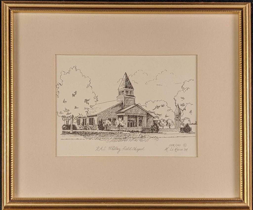 Limited Edition M. Lemieux Whiting Field Chapel Print: Limited Edition M. Lemieux NAS Whiting Field Chapel Print. The print is hand-signed and numbered by the artist. This is #54 out of #100. Prints were released in 1994. The framed print is approx 13" x