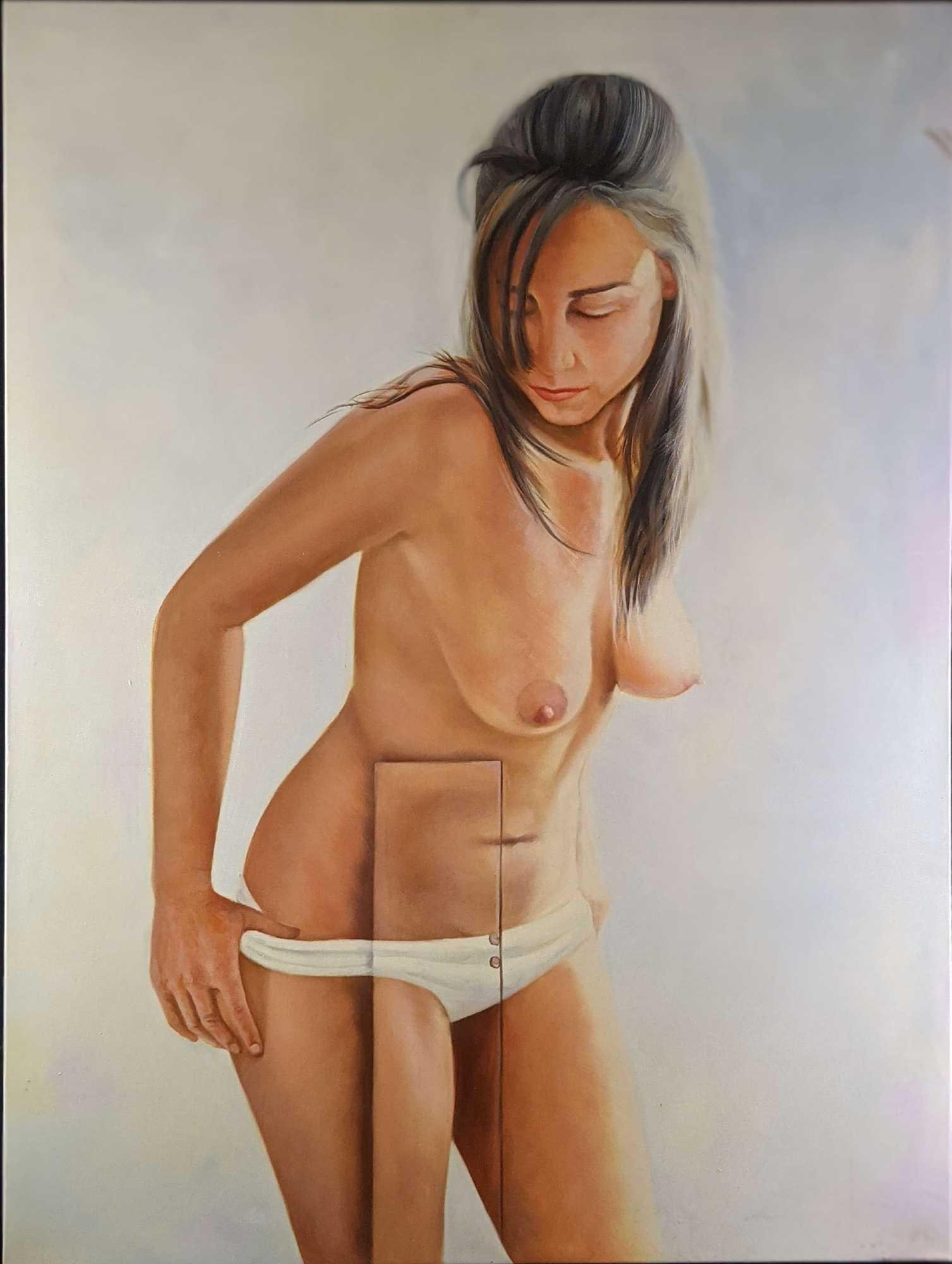 Large Nude Woman Doorway Embellished Giclee On Canvas: Here is a large canvas with the image of a young woman undressing. There is also an image of a doorway at the bottom of the canvas. This print on canvas is not signed by the artist. The giclee is appr