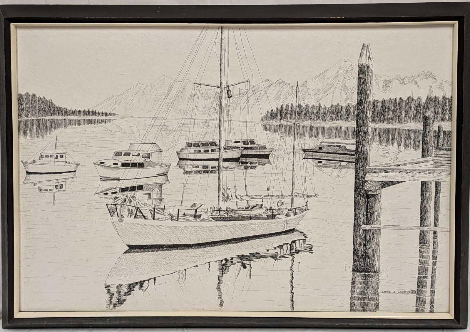 Framed Original Danilo A Piedra Oil On Canvas Boats On A Lake R101: Framed Original Danilo A Piedra Oil On Canvas Boats On A Lake R101. This original is approx 39 1/4" x 2" x 27" and it weighs 5.30lbs. The original is signed and date (1976) by the artist on the bottom