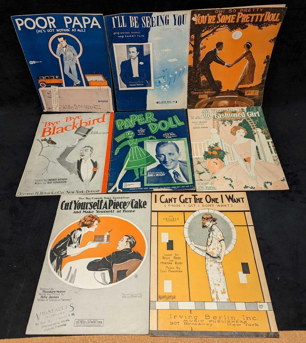 8 Vintage Classic Jazz Sheet Music: 8 Vintage Classic Jazz Sheet Music. This lot includes: (1) I Can't Get The One I Want. This was published in 1921. (1) Bye Bye Blackbird. This was published in 1926. The cover is separated f