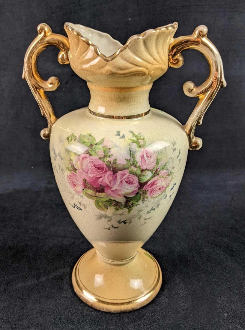 Vintage Albany Pink Roses Porcelain Vase B: Vintage porcelain urn style vase with hand-painted pink roses with gold trim. The bottom is marked ALBANY VASE". The vase is approx 7" x 6" x 11" and is in a good, vintage condition with wear on the g