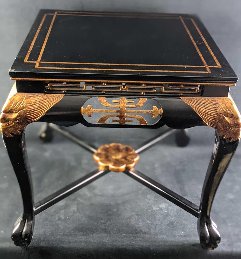 Oriental Black Lacquer Gold Inlay Coffee Table: Oriental Black Lacquer Gold Inlay Coffee Table. The maker and date of creation are unknown. The table is approx 24" x 24" x 23". Table is in a good, used condition with wear, scratches, and some marki