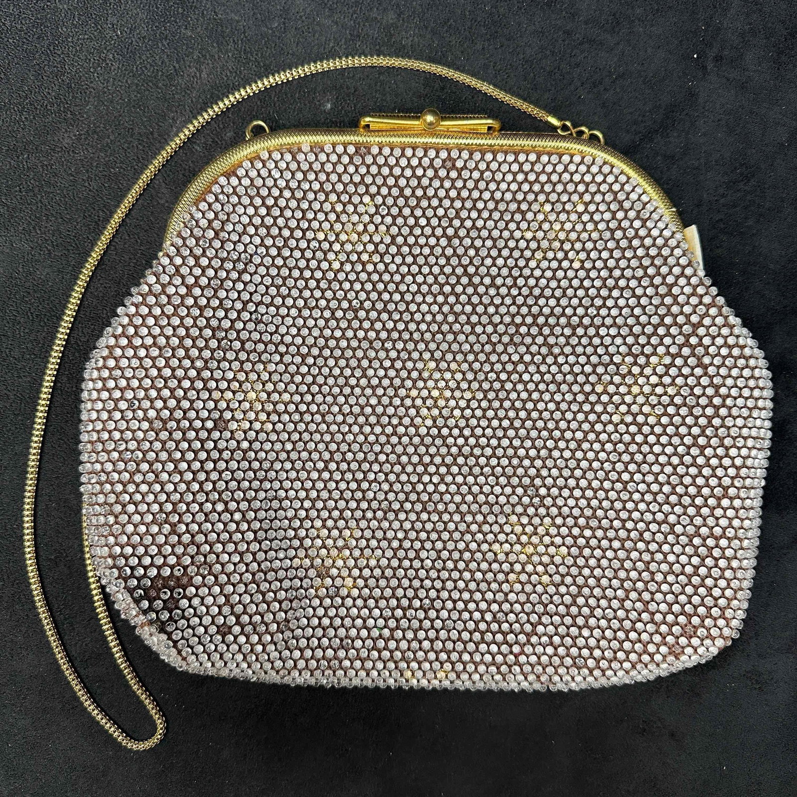 Vintage Beaded Rhinestone Encrusted Bead Clutch Laura Lee Bag Handbag Purse: A few beads missing and some stained black, minor imperfections. Beaded throughout interior and exterior. This item is in good pre-owned, previously used condition with light wear, and surface scratch